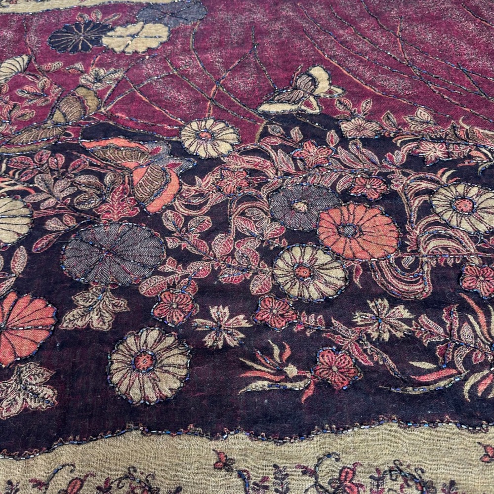 Pashmina Scarf Burgundy‎ Beaded Floral Boho Gypsy Wrap Butterflies - Picture 4 of 12